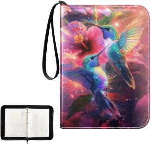 Colorful Glowing Hummingbirds Flowers Card Binder 4 Pocket, Trading Card Holder Fits 400 Game Cards with 50 Removable Sleeves, MTG Card Case Standard Size