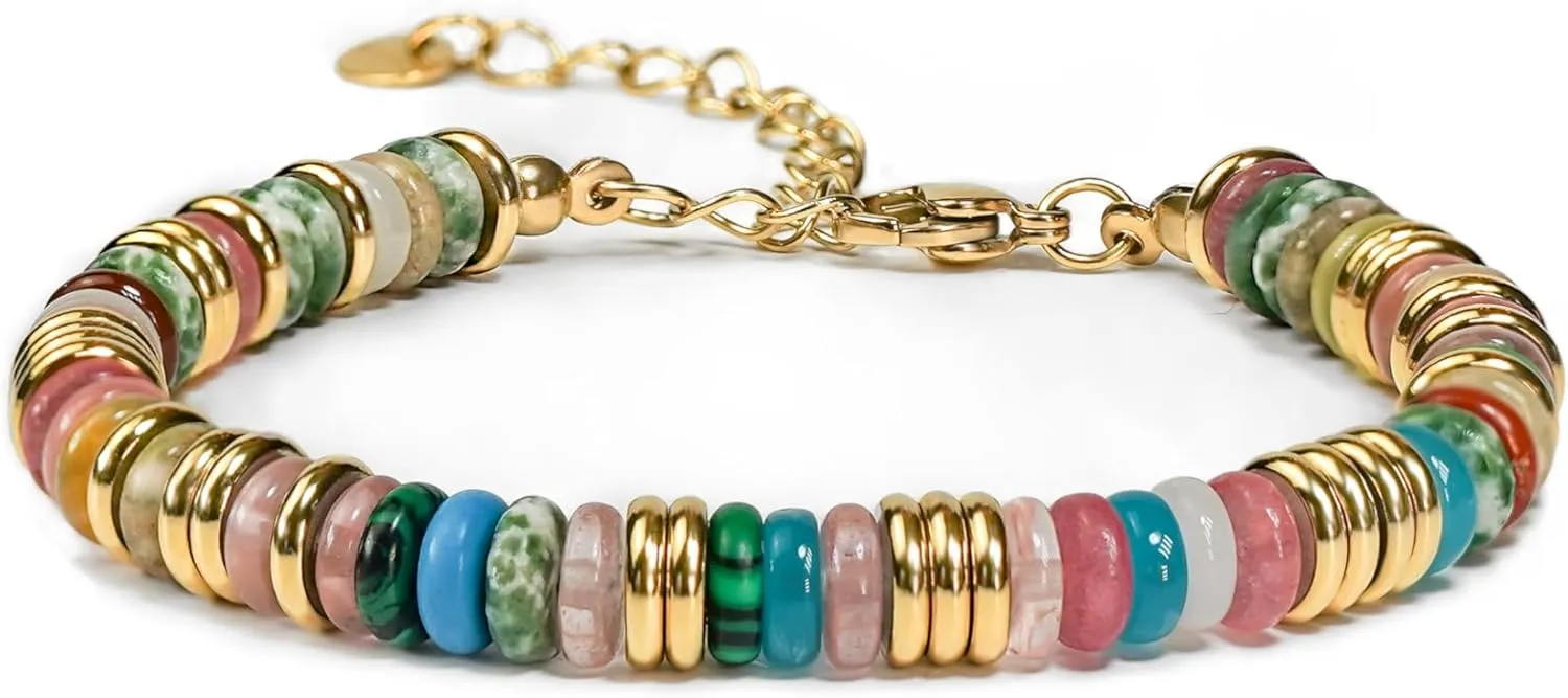 Colorful Gold Bracelets for Women, Stack Bangle Beaded Stone Jewelry Accessories Set for Woman, Trendy Fashion Jewelry Gifts