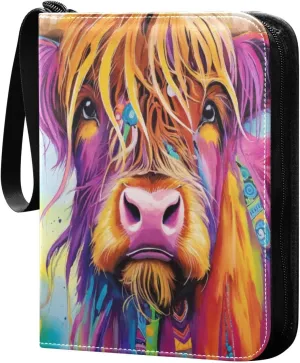 Colorful Highland Cattle Card Binder 4-Pocket, 400 Pockets Card Holder with 50 Removable Sleeves and Zipper for Games Baseball Football Sports Card