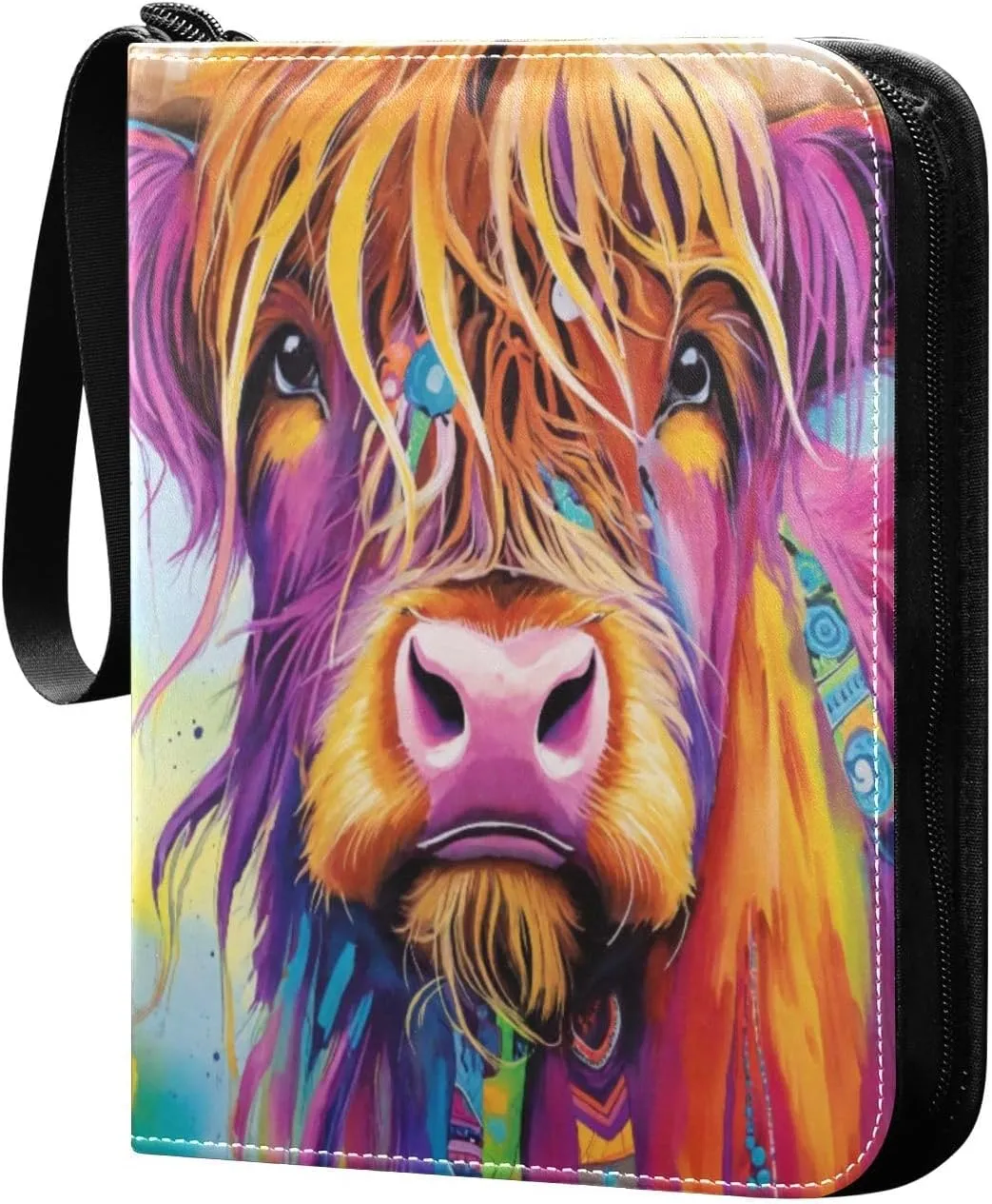 Colorful Highland Cattle Card Binder 4-Pocket, 400 Pockets Card Holder with 50 Removable Sleeves and Zipper for Games Baseball Football Sports Card