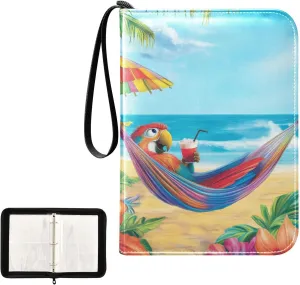 Colorful Parrot Tropical Flowers Beach Card Binder 4 Pocket, Trading Card Holder Fits 400 Game Cards with 50 Removable Sleeves, MTG Card Case Standard Size
