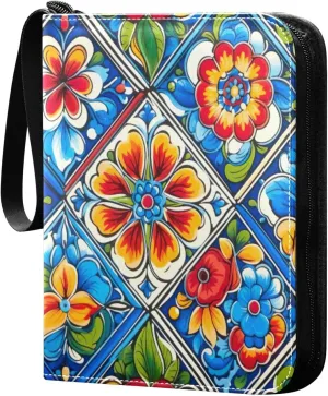 Colorful Tile Pattern Card Binder 4-Pocket, 400 Pockets Card Holder with 50 Removable Sleeves and Zipper for Games Baseball Football Sports Card