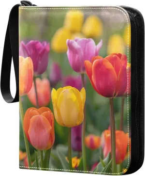 Colorful Tulips Card Binder, 400 Pockets Card Holder with 50 Sleeves, Sturdy Card Holder Folders for Game Cards & Sports Cards