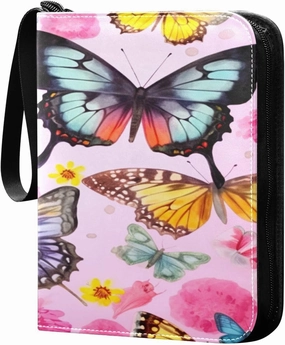 Colorful Butterfly Pink Card Binder 4-Pocket, 400 Pockets PU Waterproof Zippered Collector Card Album with 50 Removable Sleeves for Trading, Game Cards