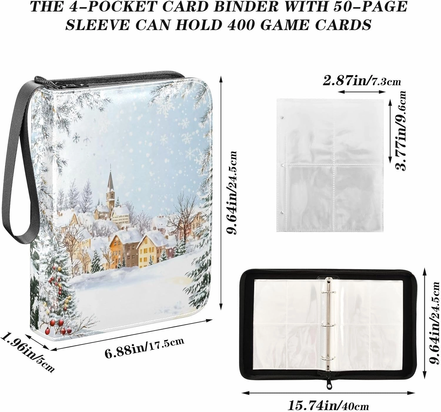 Colorful Christmas Winter Village Card Binder Holder 4 Pocket Card Album 400 Cards Capacity Card Binder Zipper