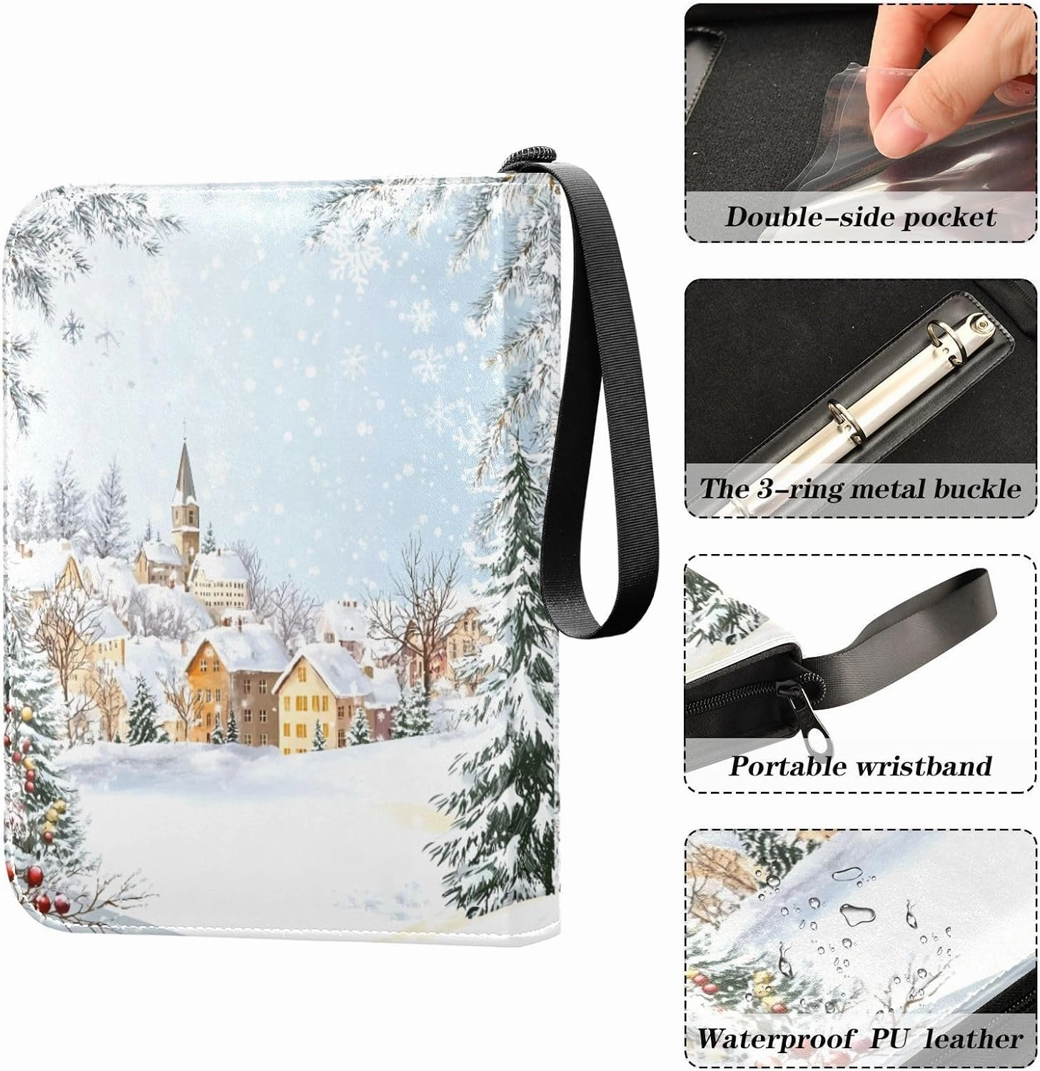 Colorful Christmas Winter Village Card Binder Holder 4 Pocket Card Album 400 Cards Capacity Card Binder Zipper