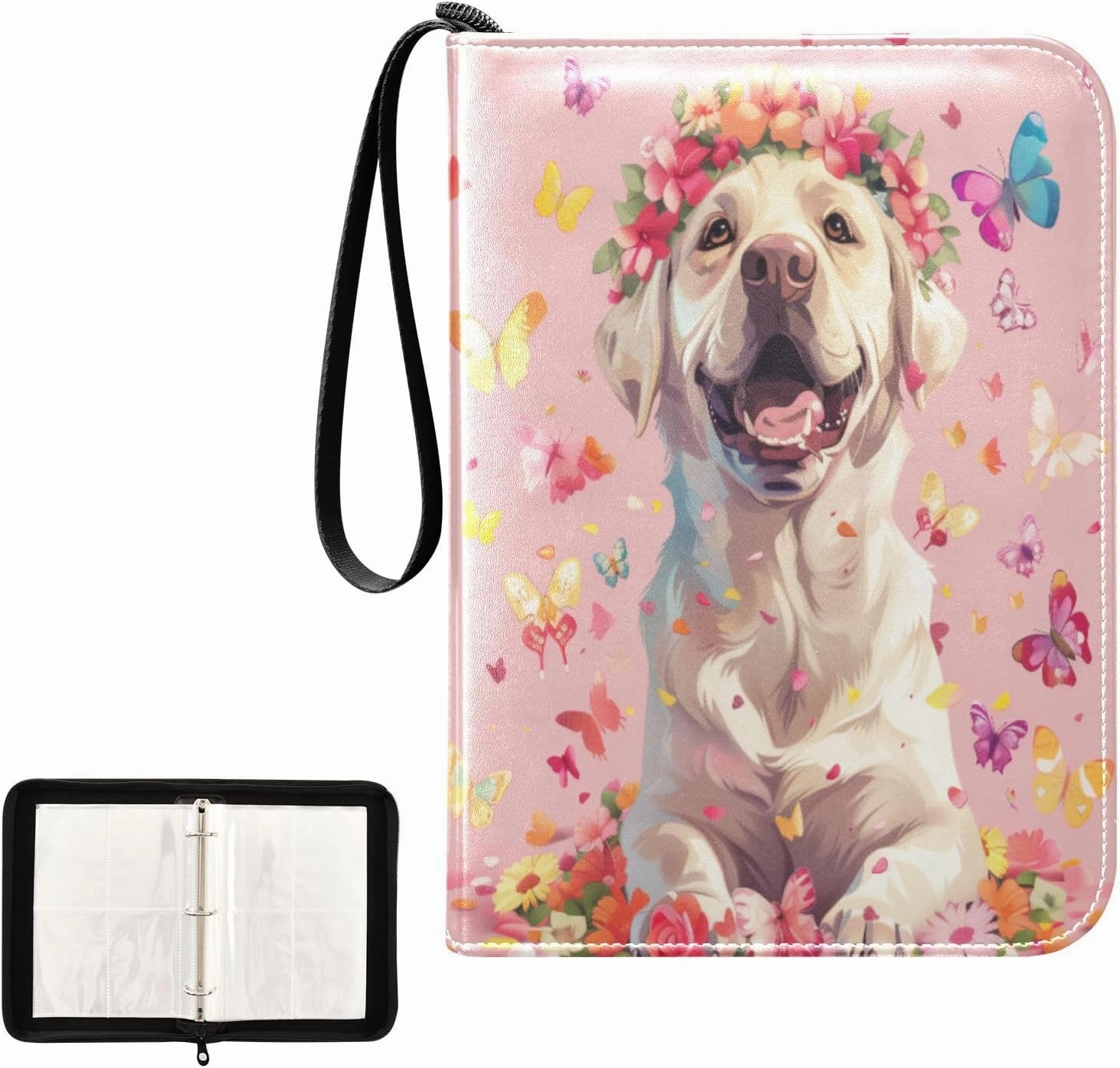 Colorful Dog Butterfly Flowers Card Binder 4 Pocket, Trading Card Holder Fits 400 Game Cards with 50 Removable Sleeves, MTG Card Case Standard Size