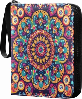 Colorful Mandala Card Binder 4-Pocket, 400 Pockets PU Waterproof Zippered Collector Card Album with 50 Removable Sleeves for Trading, Game Cards