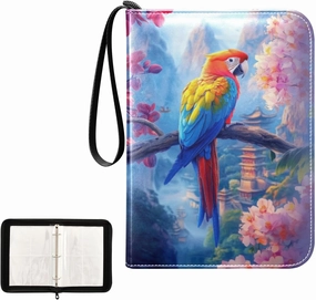Colorful Parrot Tree Branch Pink Flowers Card Binder 4 Pocket, Trading Card Holder Fits 400 Game Cards with 50 Removable Sleeves, MTG Card Case Standard Size