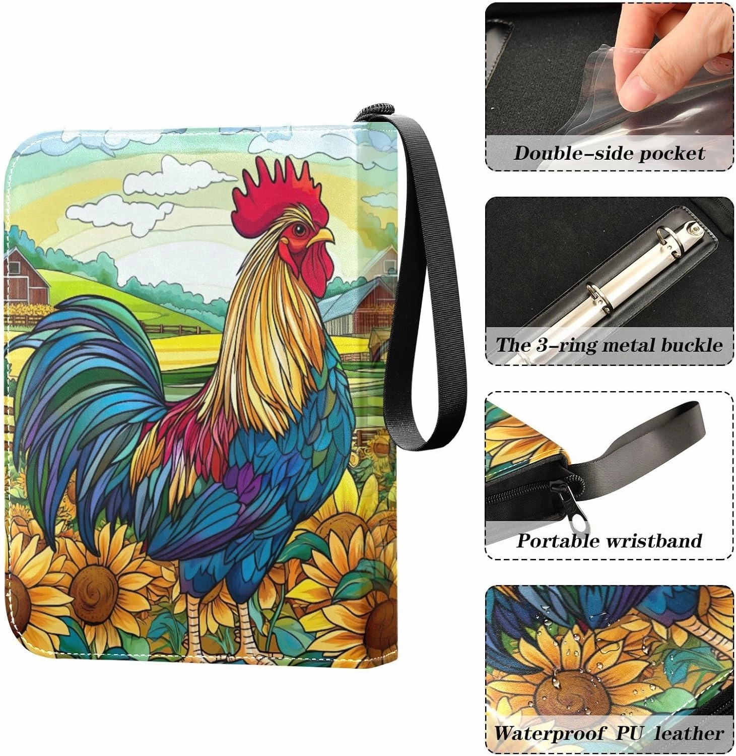 Colorful Rooster Farm Card Collecting Binder, Zip Binder with Sleeves for Sports Cards, Game Cards