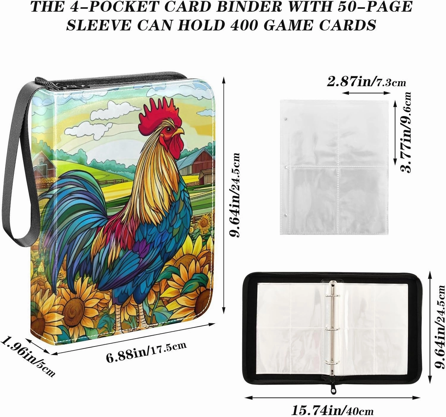 Colorful Rooster Farm Card Collecting Binder, Zip Binder with Sleeves for Sports Cards, Game Cards