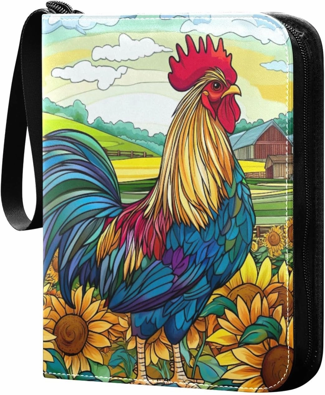 Colorful Rooster Farm Card Collecting Binder, Zip Binder with Sleeves for Sports Cards, Game Cards