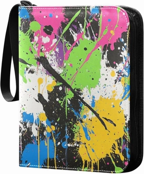 Colorful Splatter Paint Dark 4 Pockets Trading Card Album Folder for Cards PU Cover Zip Card Binder with 400 Side Loading Pockets Premium Card Book for Collectible Boys Girls Game Sports Cards