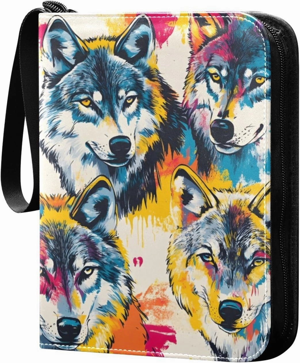 Colorful Wolves Card Binder 4-Pockets, 400 Pockets Card Holder with 50 Removable Sleeves, Trading Card Collector Zipper Album Holder, Collector Album