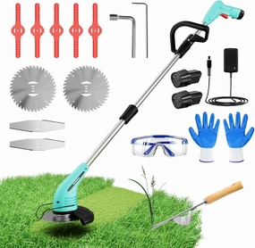 Cordless Lawn Trimmer Weed Wacker - HooSeen 12V Lawn Mover Grass Edger with 3 Types Blades, Hand Weeder, Two 2.0Ah Li-ion Batteries Powered Weed Trimmer Grass Cutter for Yard and Garden