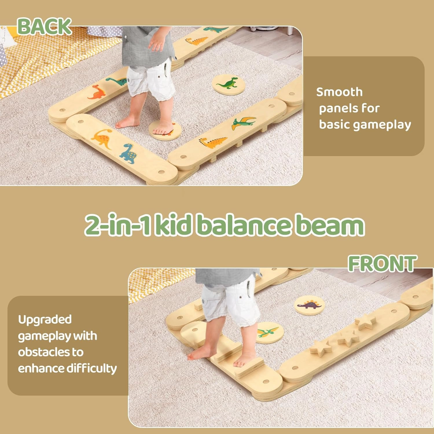 COSYLAND Wooden Balance Beam for Kids - 15 PCS Toddler Balance Beams and Stepping Stones - Sensory Balance Beam for Indoor Obstacle Course, Toys for Kids Age up 18 Months, Dinosaur