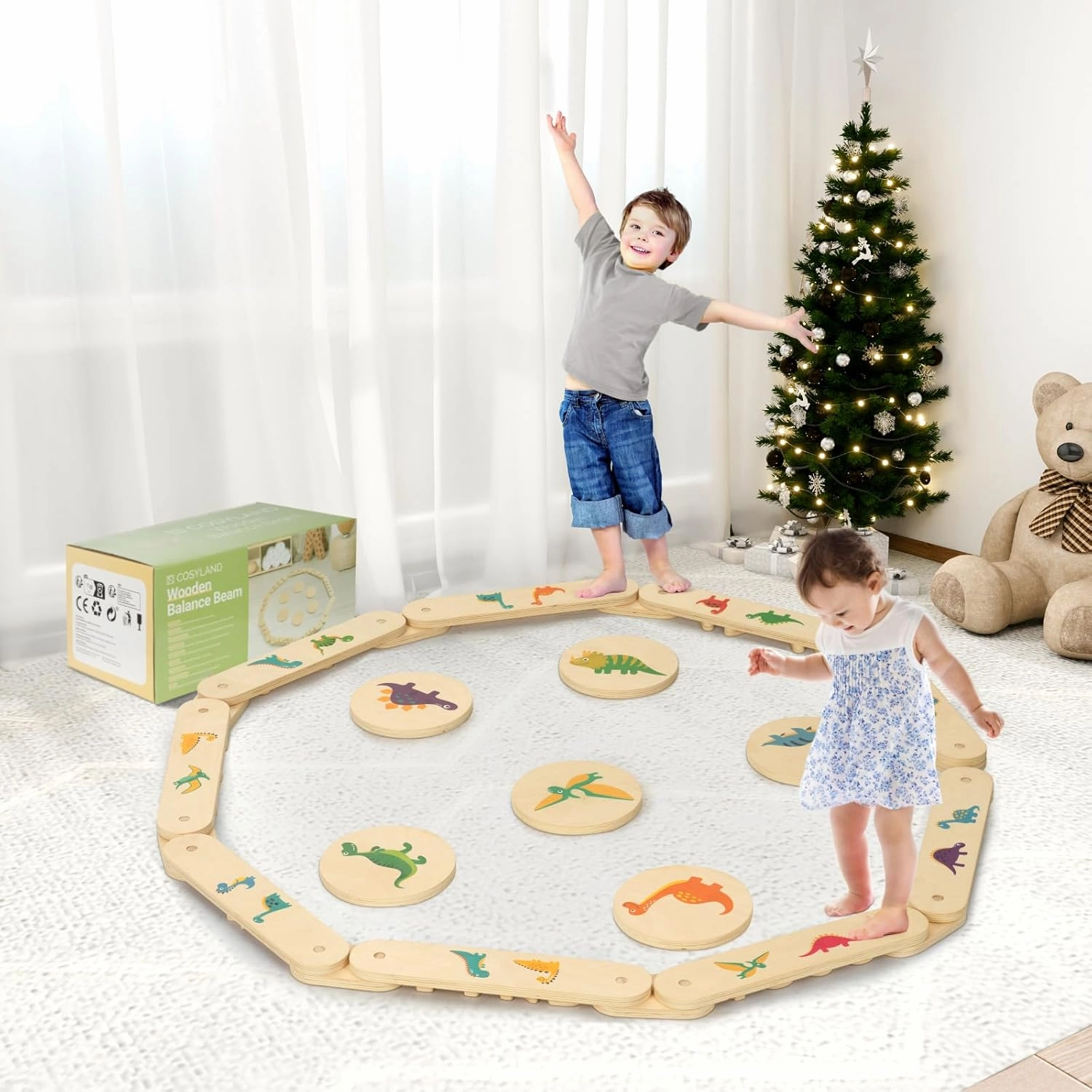 COSYLAND Wooden Balance Beam for Kids - 15 PCS Toddler Balance Beams and Stepping Stones - Sensory Balance Beam for Indoor Obstacle Course, Toys for Kids Age up 18 Months, Dinosaur