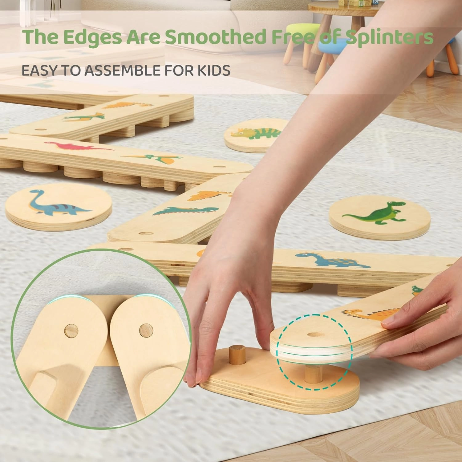 COSYLAND Wooden Balance Beam for Kids - 15 PCS Toddler Balance Beams and Stepping Stones - Sensory Balance Beam for Indoor Obstacle Course, Toys for Kids Age up 18 Months, Dinosaur