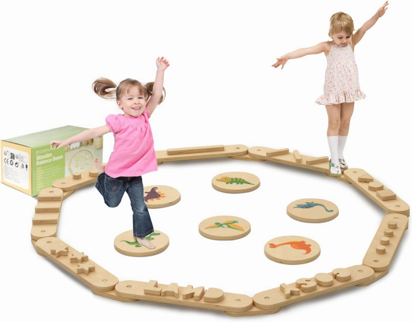 COSYLAND Wooden Balance Beam for Kids - 15 PCS Toddler Balance Beams and Stepping Stones - Sensory Balance Beam for Indoor Obstacle Course, Toys for Kids Age up 18 Months, Dinosaur