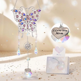 Crystal Suncatcher for Mom, Butterfly Suncatcher with Heart Charm I Love You Mom, Sun Catcher Gifts for Mom, Hanging Butterfly Home Decoration, Birthday for Mom, Silver
