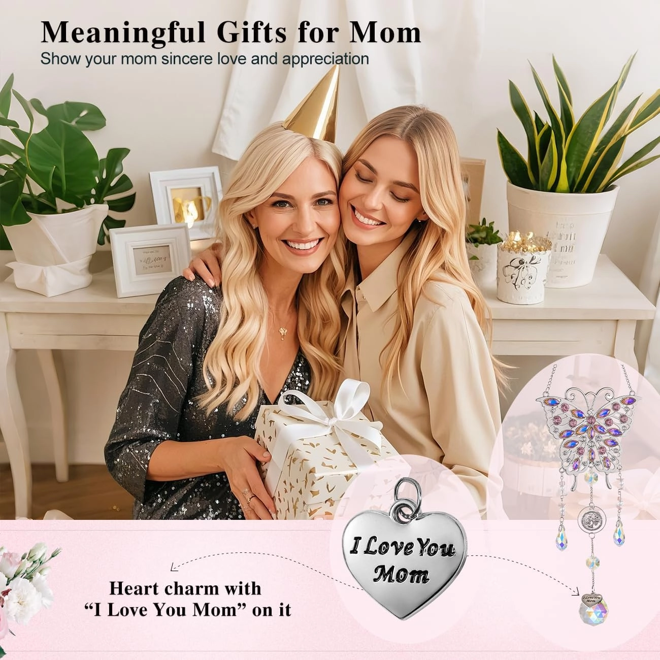 Crystal Suncatcher for Mom, Butterfly Suncatcher with Heart Charm I Love You Mom, Sun Catcher Gifts for Mom, Hanging Butterfly Home Decoration, Birthday for Mom, Silver