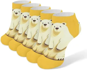 Cute Cartoon Polar Bear Ankle Socks for Men & Women, 5 Pairs Breathable Soft Low Cut Socks, Stretch Sweat Wicking Sox