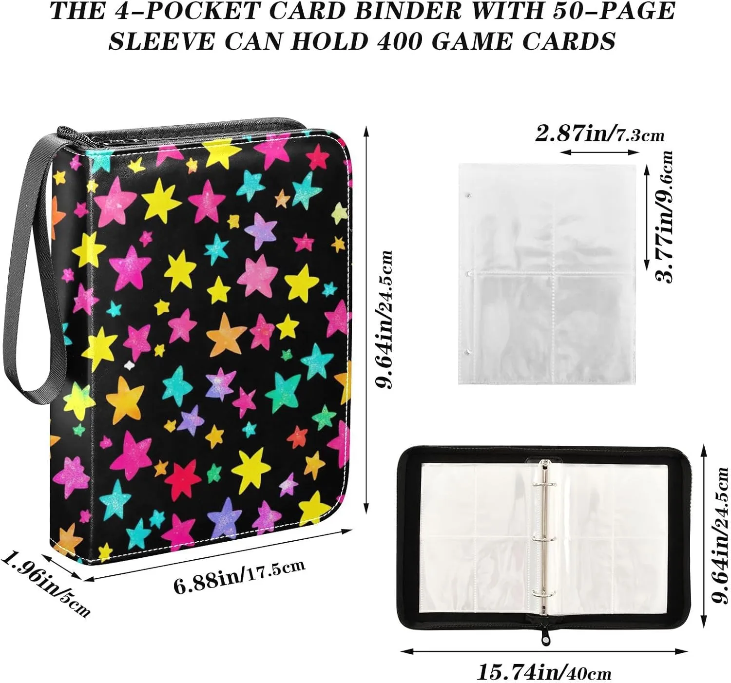 Cute Colorful Stars Black Card Binder Collectible Fits 400 Cards with 50 Removable Sleeves Card Holder Protectors Set