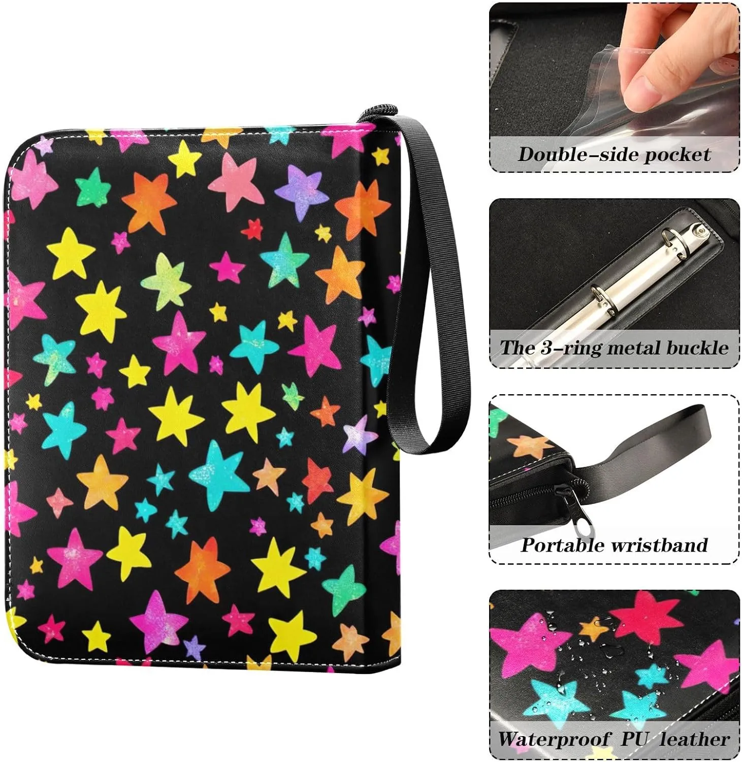 Cute Colorful Stars Black Card Binder Collectible Fits 400 Cards with 50 Removable Sleeves Card Holder Protectors Set