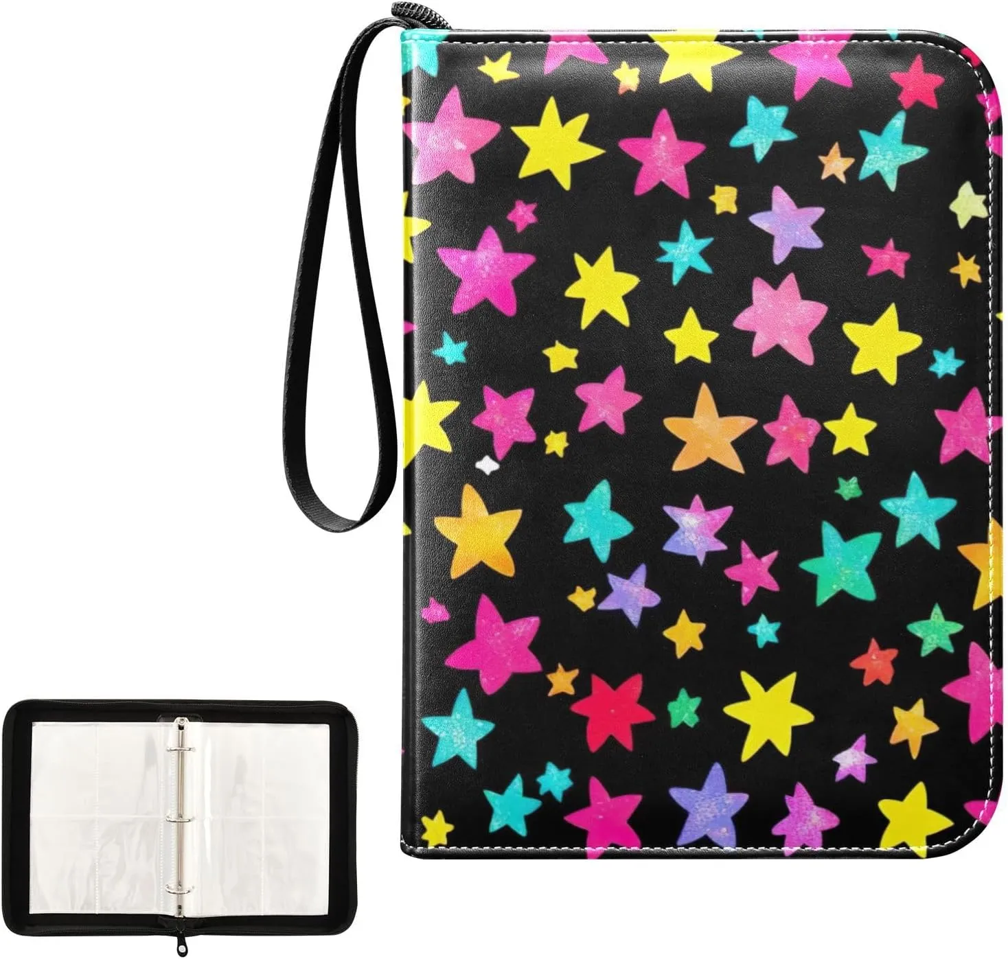 Cute Colorful Stars Black Card Binder Collectible Fits 400 Cards with 50 Removable Sleeves Card Holder Protectors Set