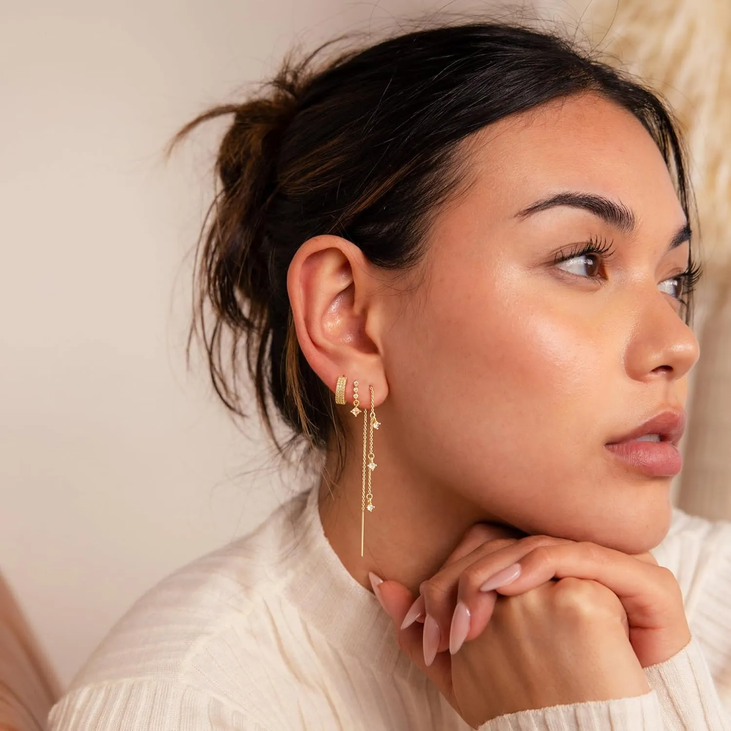 Dangle Earrings for Women Trendy, Dainty 14K Gold Plated Chain Earrings for Women Simple Threader Earrings Non Tarnish Hypoallergenic Long Drop Earrings Jewelry Pack for Women Gifts