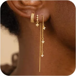 Dangle Earrings for Women Trendy, Dainty 14K Gold Plated Chain Earrings for Women Simple Threader Earrings Non Tarnish Hypoallergenic Long Drop Earrings Jewelry Pack for Women Gifts
