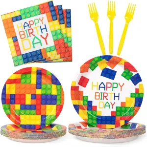 DECORLIFE Building Blocks Party Supplies Serves 24, Plates and Napkins, Forks Included for Birthday Party Decorations, Total 96PCS