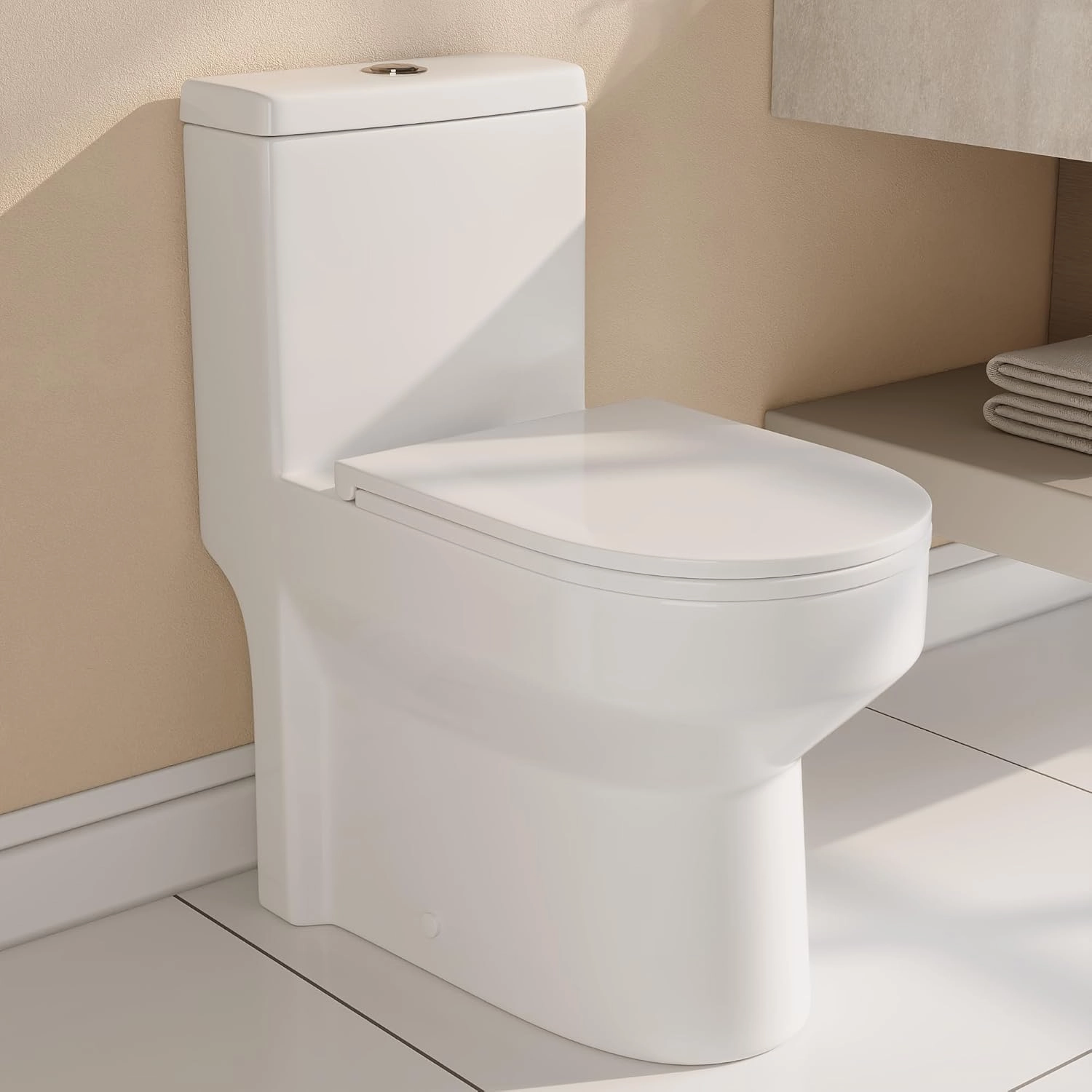 DeerValley Compact One-Piece Toilet for Small Bathrooms, Modern Toilet with Powerful Dual Flush 0.8/1.28 GPF, Soft-Close Seat, 12" Rough-In, High-Efficiency, Space-Saving & Quiet White Design