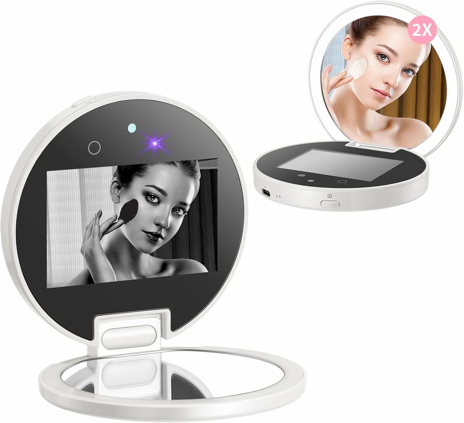 DESCHEN Rechargeable Travel Compact Smart UV Camera UV Mirror for Sunscreen Test, 2X Makeup Mirror with Lights and Magnification, 3.7 Inch Portable Purse Pocket LED Mirror, Skin Sun Protection
