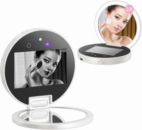 DESCHEN Rechargeable Travel Compact Smart UV Camera UV Mirror for Sunscreen Test, 2X Makeup Mirror with Lights and Magnification, 3.7 Inch Portable Purse Pocket LED Mirror, Skin Sun Protection
