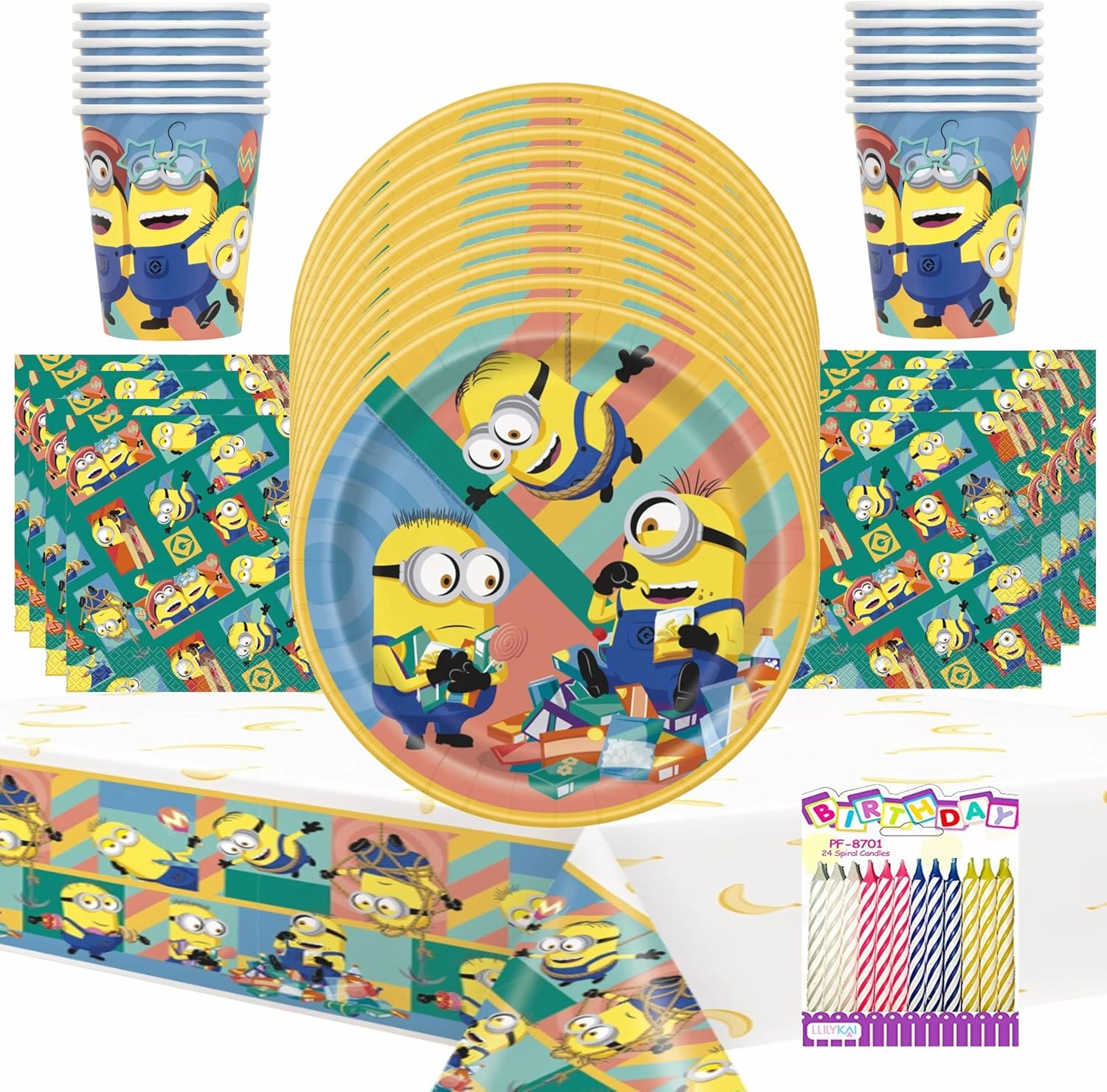 Despicable Me Party Supplies Pack Serves 16: Plates Napkins Cups and Table Cover Includes Birthday Candles (Bundle for 16)
