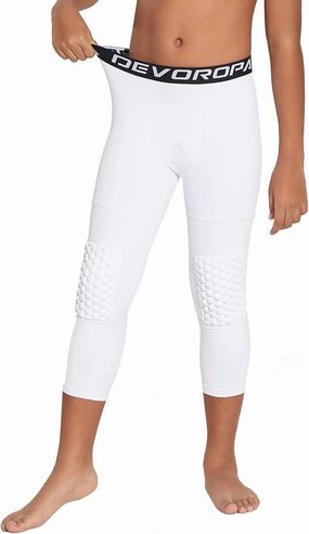 DEVOROPA Youth Boys' Compression Pants with Knee Pads 3/4 Basketball Athletic Tights Quick Dry Sports Workout Leggings