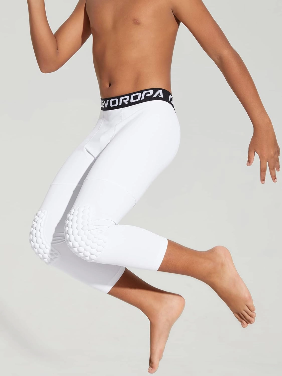 DEVOROPA Youth Boys' Compression Pants with Knee Pads 3/4 Basketball Athletic Tights Quick Dry Sports Workout Leggings