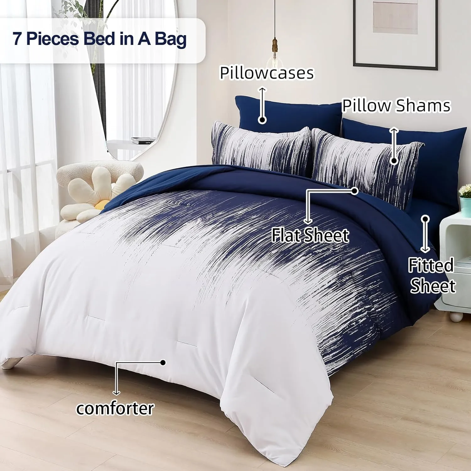 Dinjoy Ombre Blue Comforter Set Twin Size Gradient Navy Blue White Boho Bedding Set for Teen Men Women 6 Pieces Bed in A Bag Bohemian Bed Set with Comforter, Sheets, Pillowcases & Shams