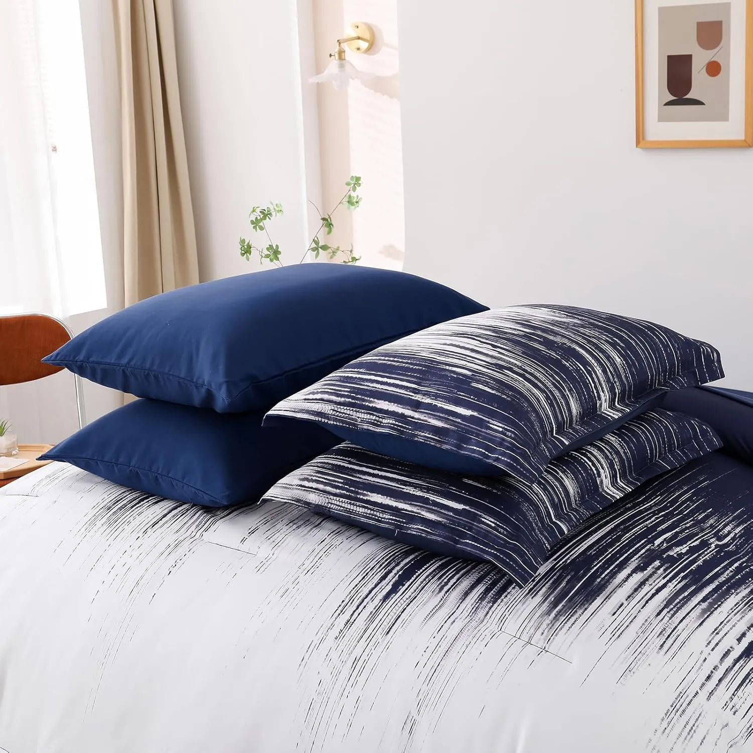 Dinjoy Ombre Blue Comforter Set Twin Size Gradient Navy Blue White Boho Bedding Set for Teen Men Women 6 Pieces Bed in A Bag Bohemian Bed Set with Comforter, Sheets, Pillowcases & Shams