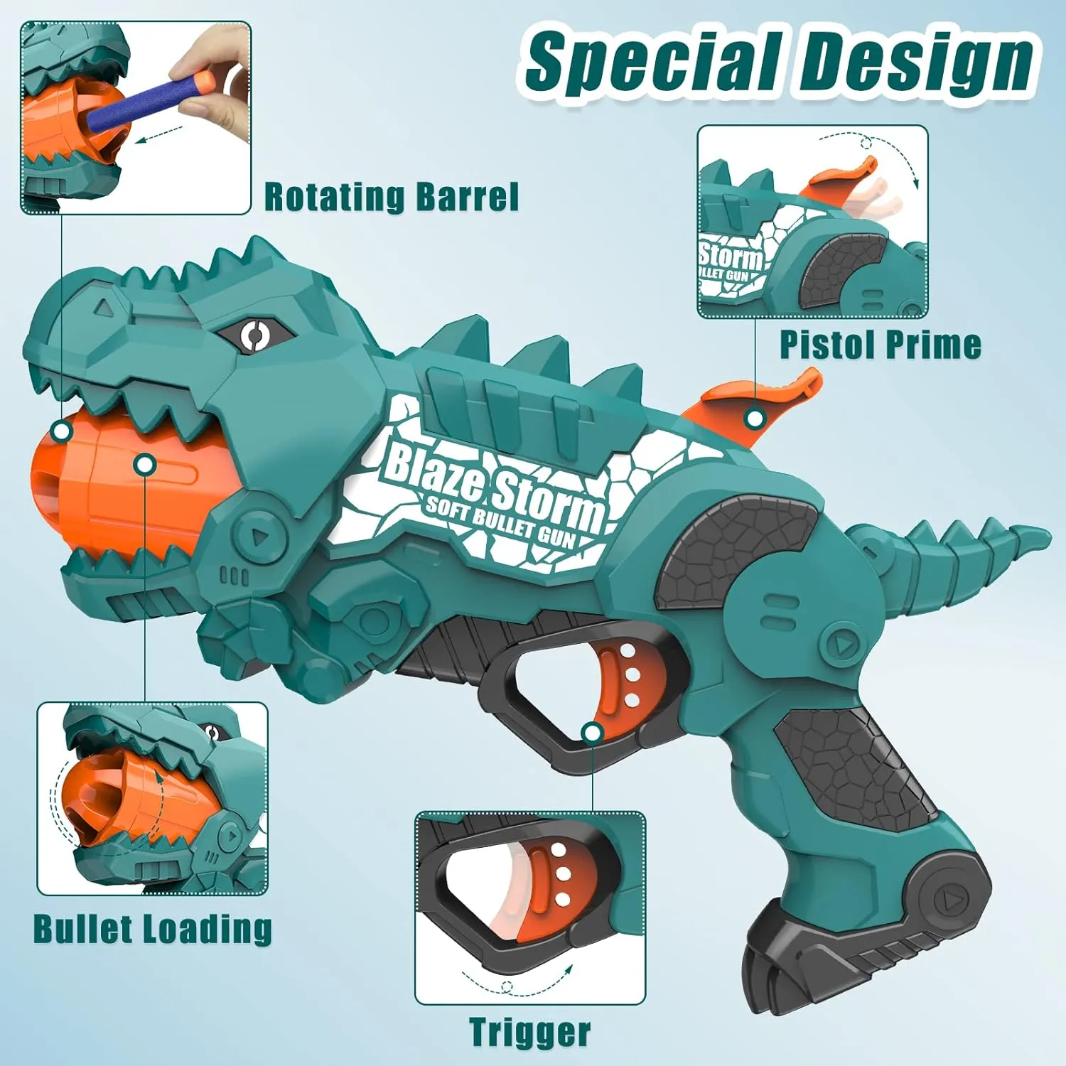 Dinosaur Boys Gun for Nerf Gun Bullets, Mini Blaster Toy with 20 Soft Foam Darts, Shooting can and 5-Dart in Rotating Barrel, Shooting Game for Indoor, Outdoor