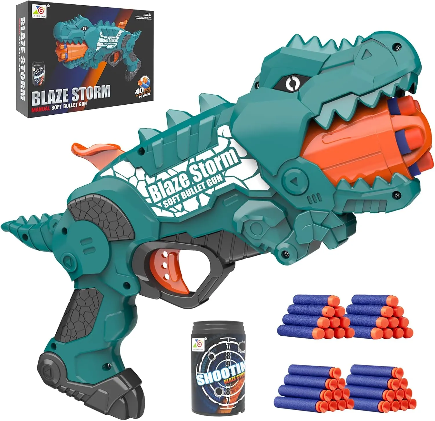 Dinosaur Boys Gun for Nerf Gun Bullets, Mini Blaster Toy with 20 Soft Foam Darts, Shooting can and 5-Dart in Rotating Barrel, Shooting Game for Indoor, Outdoor