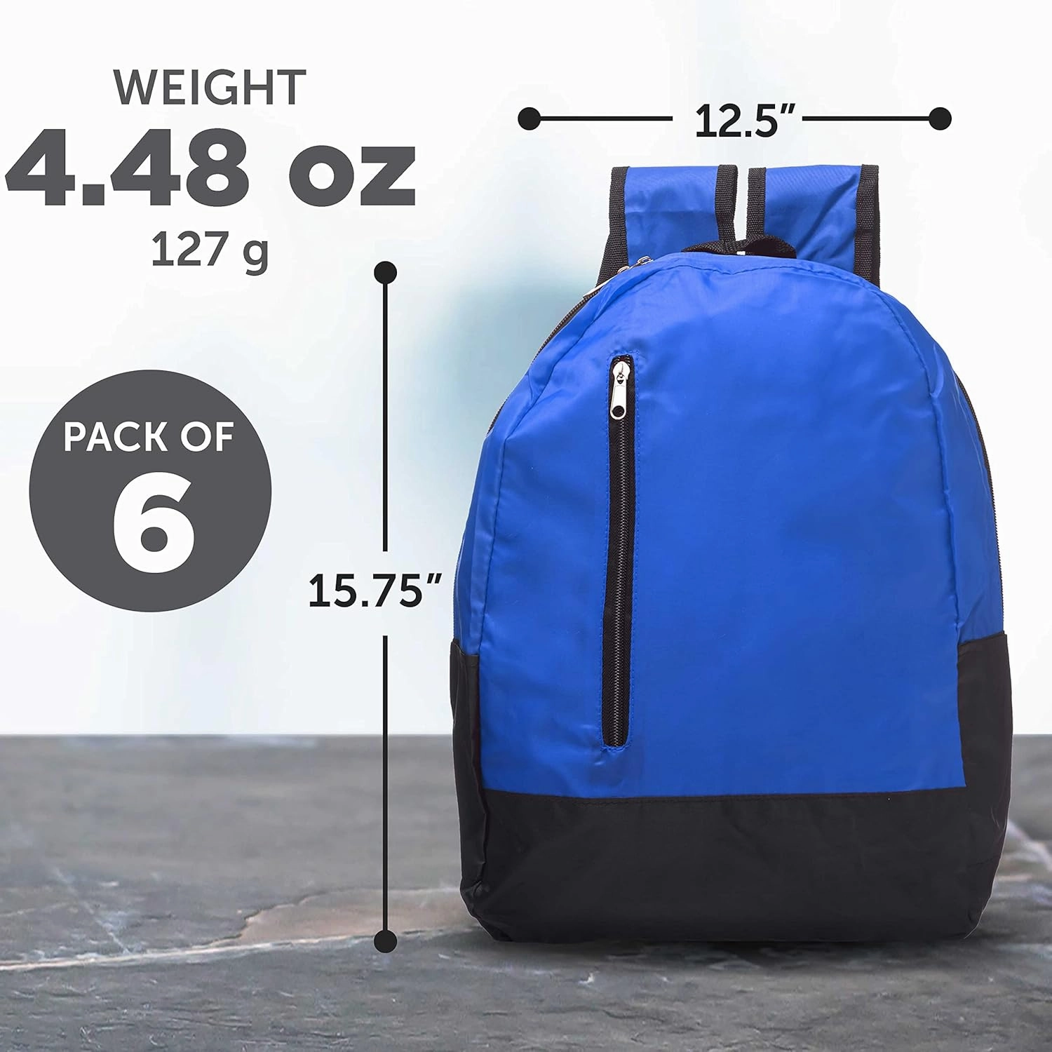 DISCOUNT PROMOS 6 Quick Zip Backpacks Set - Polyester, Unique features, Front Pocket, Vibrant - Blue