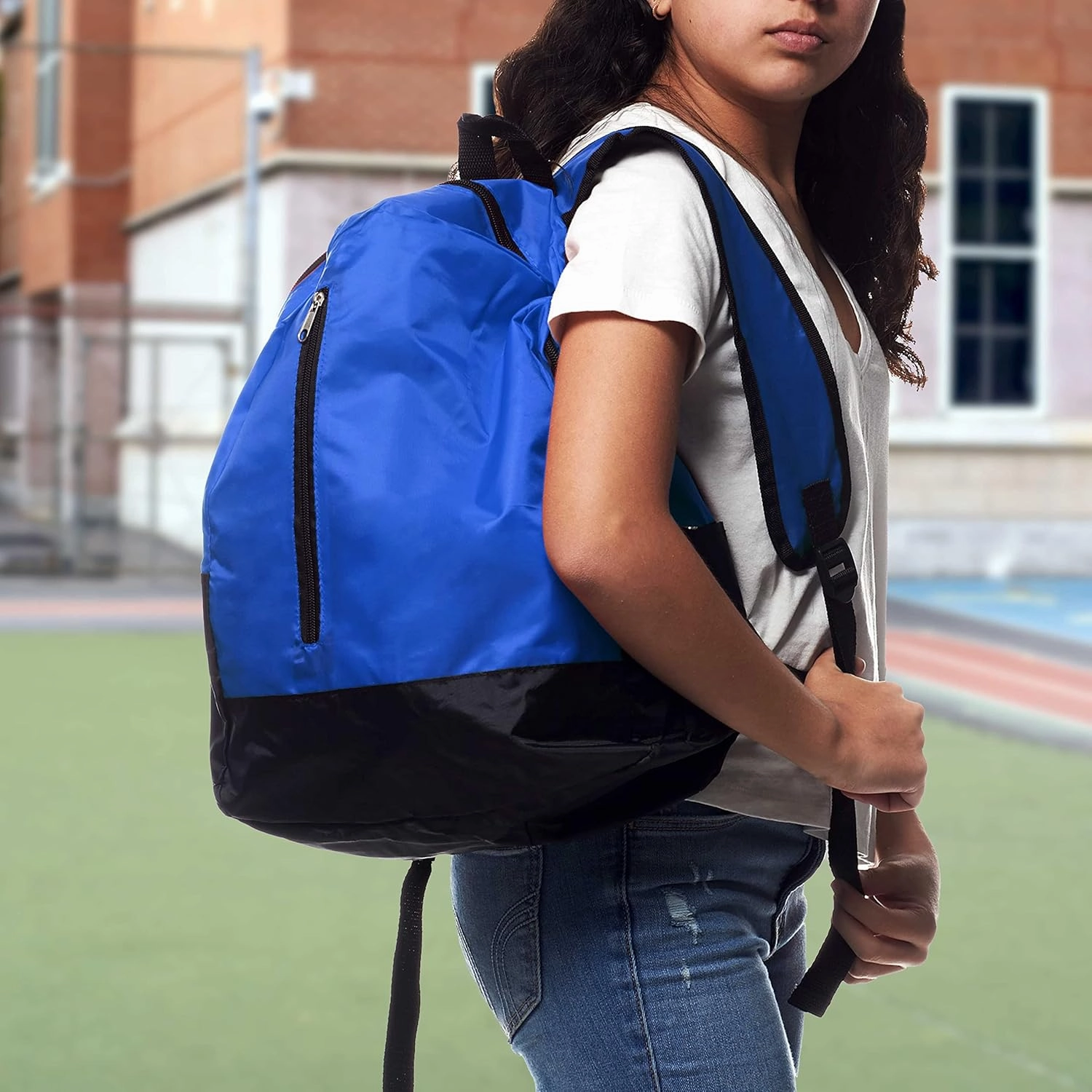 DISCOUNT PROMOS 6 Quick Zip Backpacks Set - Polyester, Unique features, Front Pocket, Vibrant - Blue