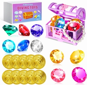 Diving Gem Pool Toys Colourful Big Diamonds and Gold Coins with Pirate Treasure Chest Throwing Toys Water Toys Underwater Gems Swimming Training Gift for Kids Birthday Party Favor