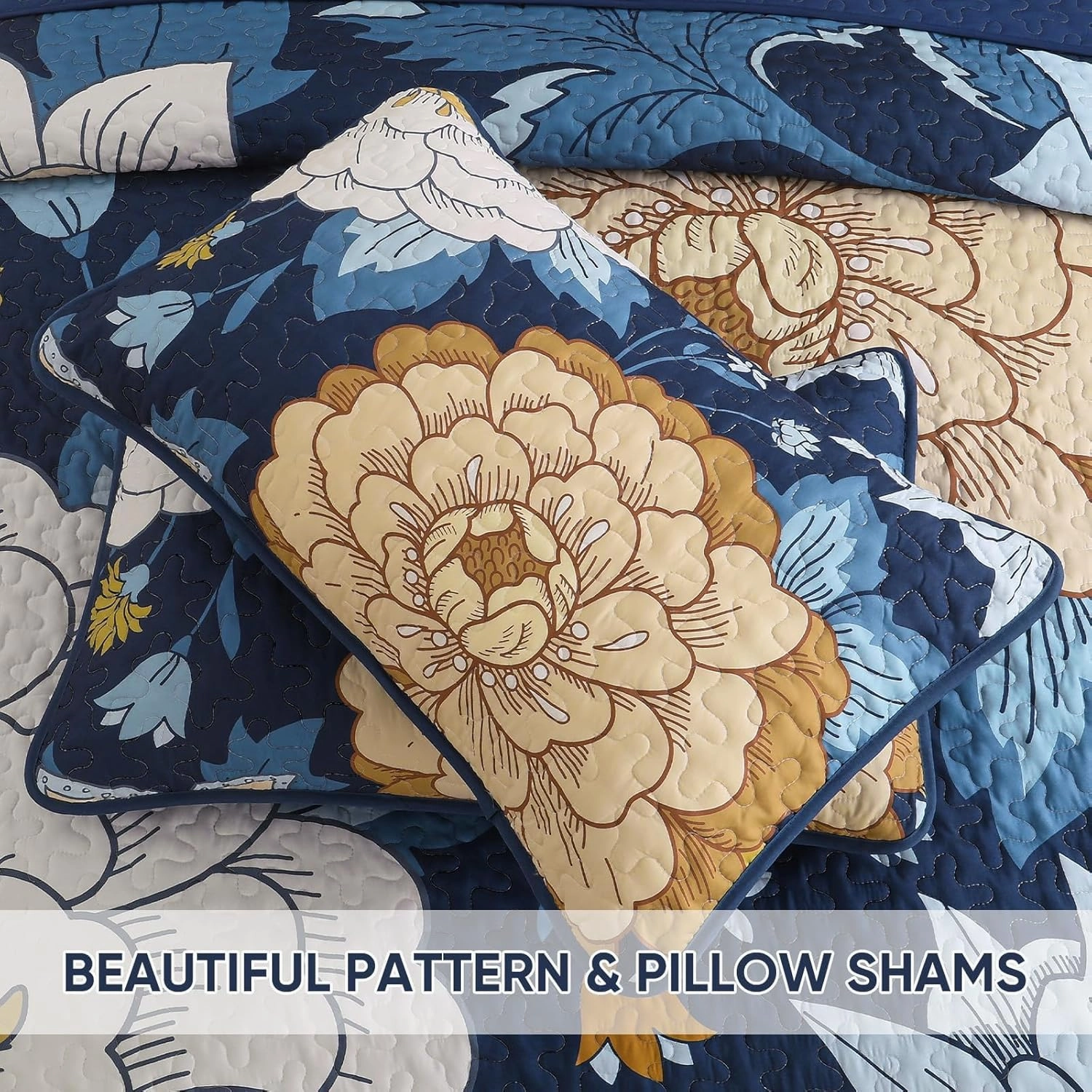 DJY Navy Floral Quilt Set King Size Boho Bedspread Coverlet Set, 3 Piece Botanical Quilt Soft Microfiber Blue Floral Bohemian Bedding Set with 2 Pillowcases for All Season, 110''x90''