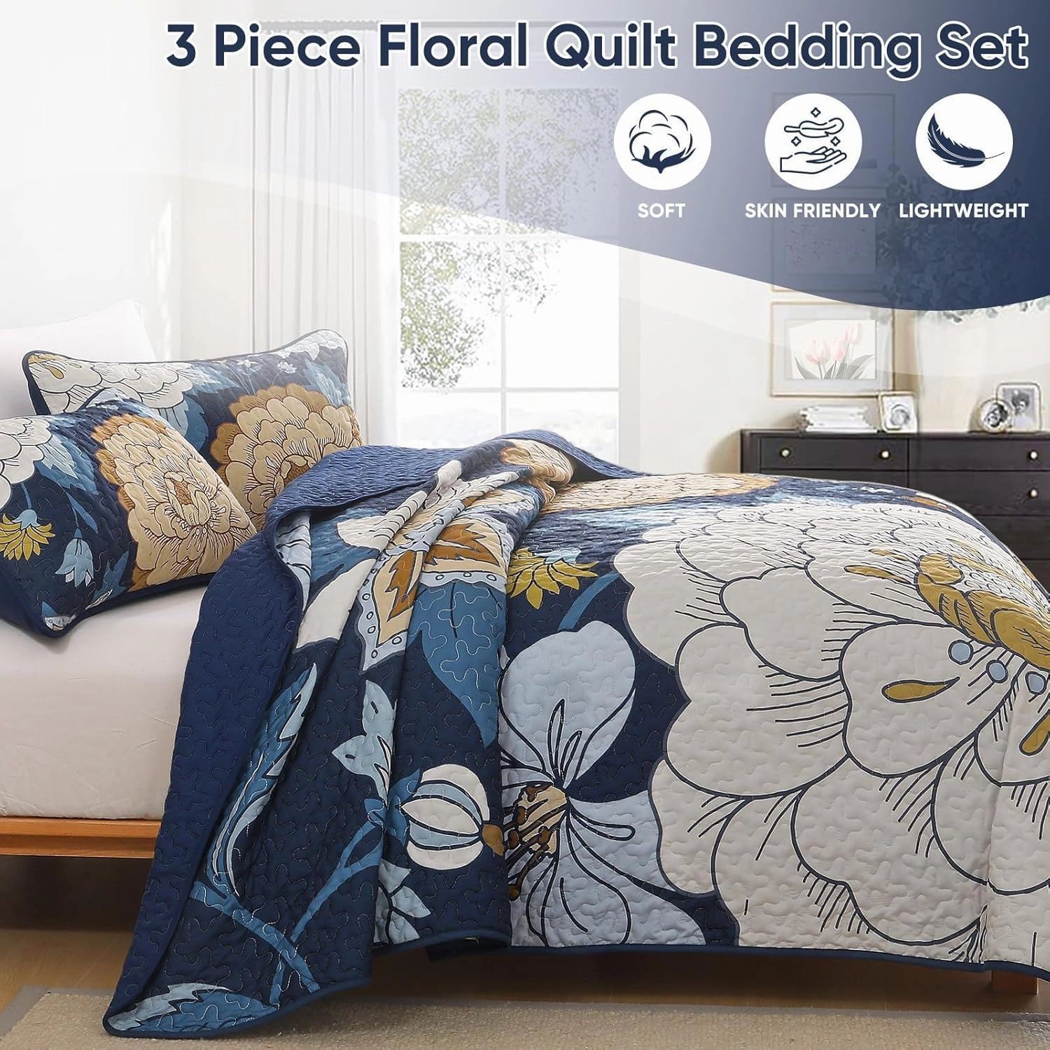 DJY Navy Floral Quilt Set King Size Boho Bedspread Coverlet Set, 3 Piece Botanical Quilt Soft Microfiber Blue Floral Bohemian Bedding Set with 2 Pillowcases for All Season, 110''x90''