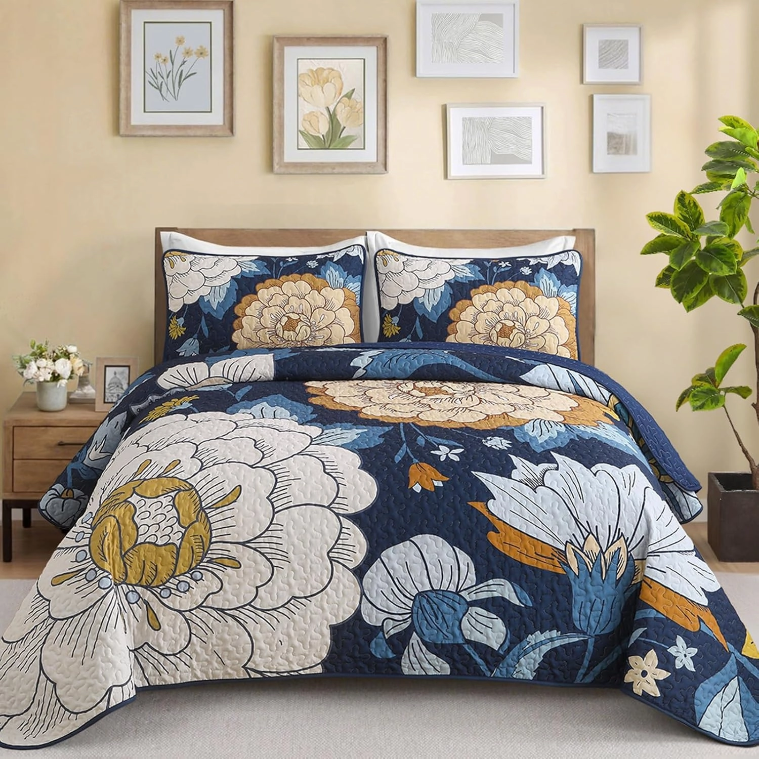 DJY Navy Floral Quilt Set King Size Boho Bedspread Coverlet Set, 3 Piece Botanical Quilt Soft Microfiber Blue Floral Bohemian Bedding Set with 2 Pillowcases for All Season, 110''x90''