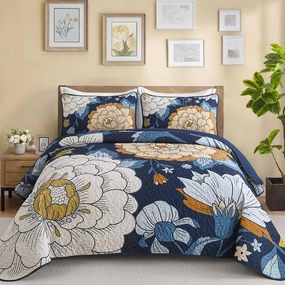 DJY Navy Floral Quilt Set King Size Boho Bedspread Coverlet Set, 3 Piece Botanical Quilt Soft Microfiber Blue Floral Bohemian Bedding Set with 2 Pillowcases for All Season, 110''x90''