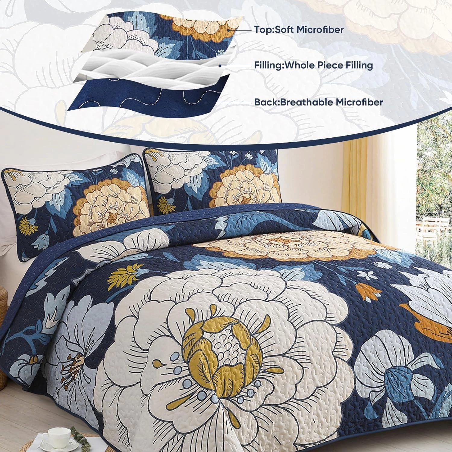DJY Navy Floral Quilt Set King Size Boho Bedspread Coverlet Set, 3 Piece Botanical Quilt Soft Microfiber Blue Floral Bohemian Bedding Set with 2 Pillowcases for All Season, 110''x90''